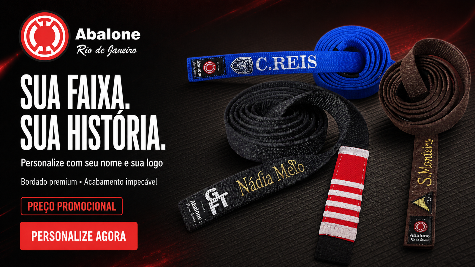 Abalone Rio de Janeiro — personalize sua faixa com seu nome e sua logo. Falar no WhatsApp