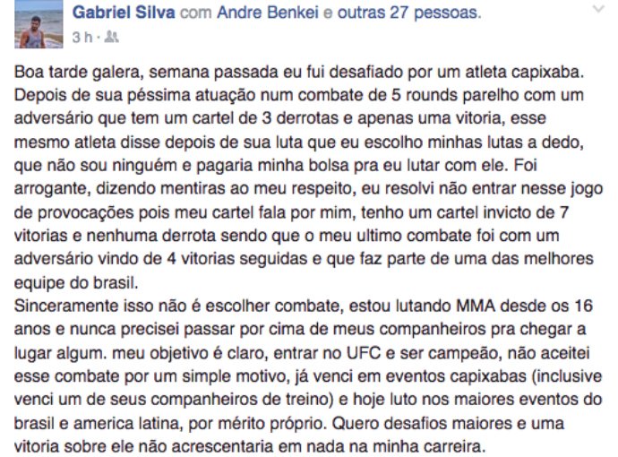 "Meu cartel fala por mim", diz Gabriel Silva em rede social após desafio — Federação de Jiu-Jitsu